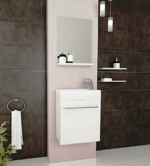 MOBILE PERLA CM.40 1 ANTA ROVERE BIANCO      C/LAVABO SPECCHIO C/MENSOLA LAMPADA LED