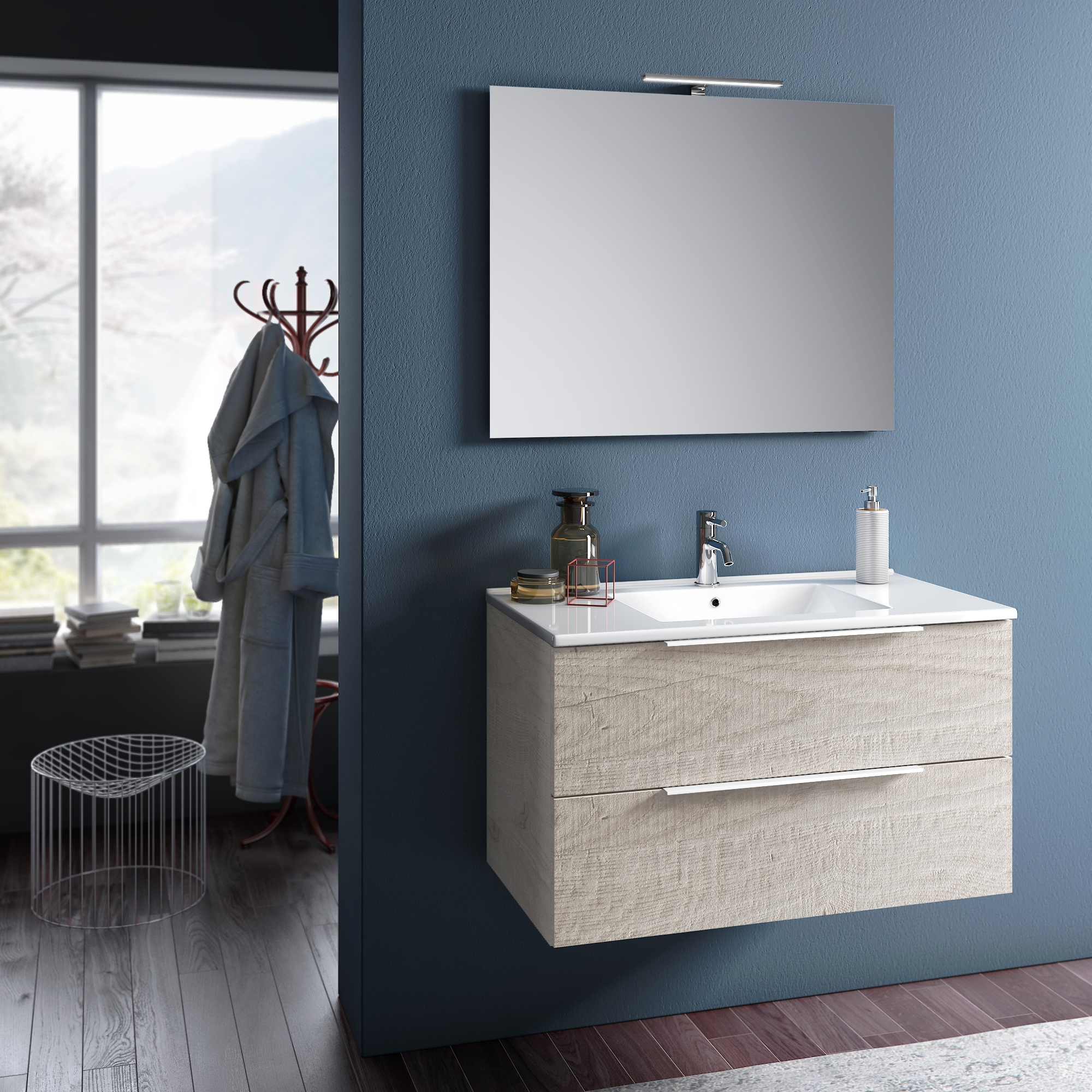 MOBILE CHIARA SHERWOOD NAT. VCM.L.1000 P.460 BASE 2/CAS.-LAVABO CERAMICA-SPECCHIO 95X75