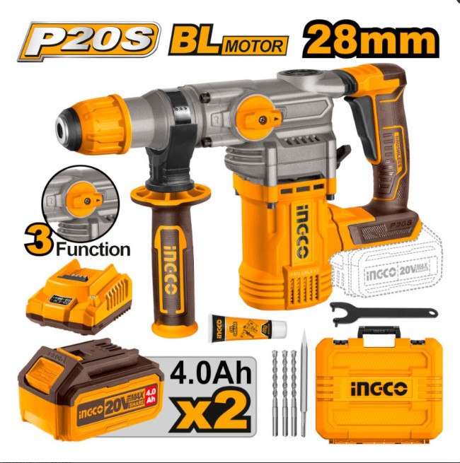 MARTELLO DEMOLITORE INGCO SDS PLUS 20V CON   2 BATT. 4 AH  E PUNTE IN VALIGIA CRHLI202882