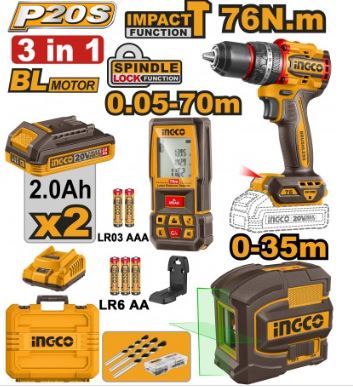KIT INGCO 3PZ AVVITATORE-DISTANZIOMETRO E    LIVELLA LASER (2BATT 2AH) COSLI250511E